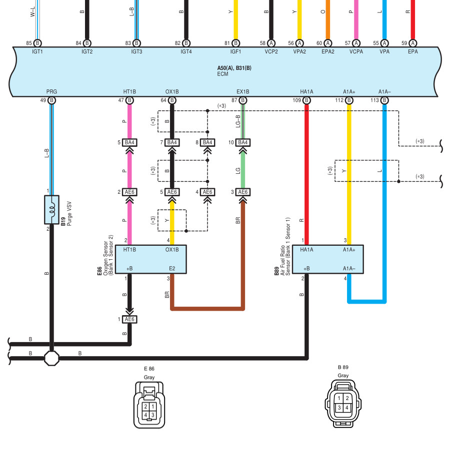 2ZR-FE wiring for air fuel ratio sensor and oxygen sensor.  Related plug body's at bottom of image.