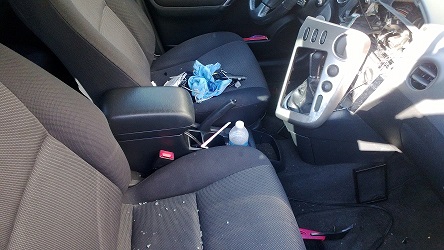 passenger window broken...glass shards in the seat