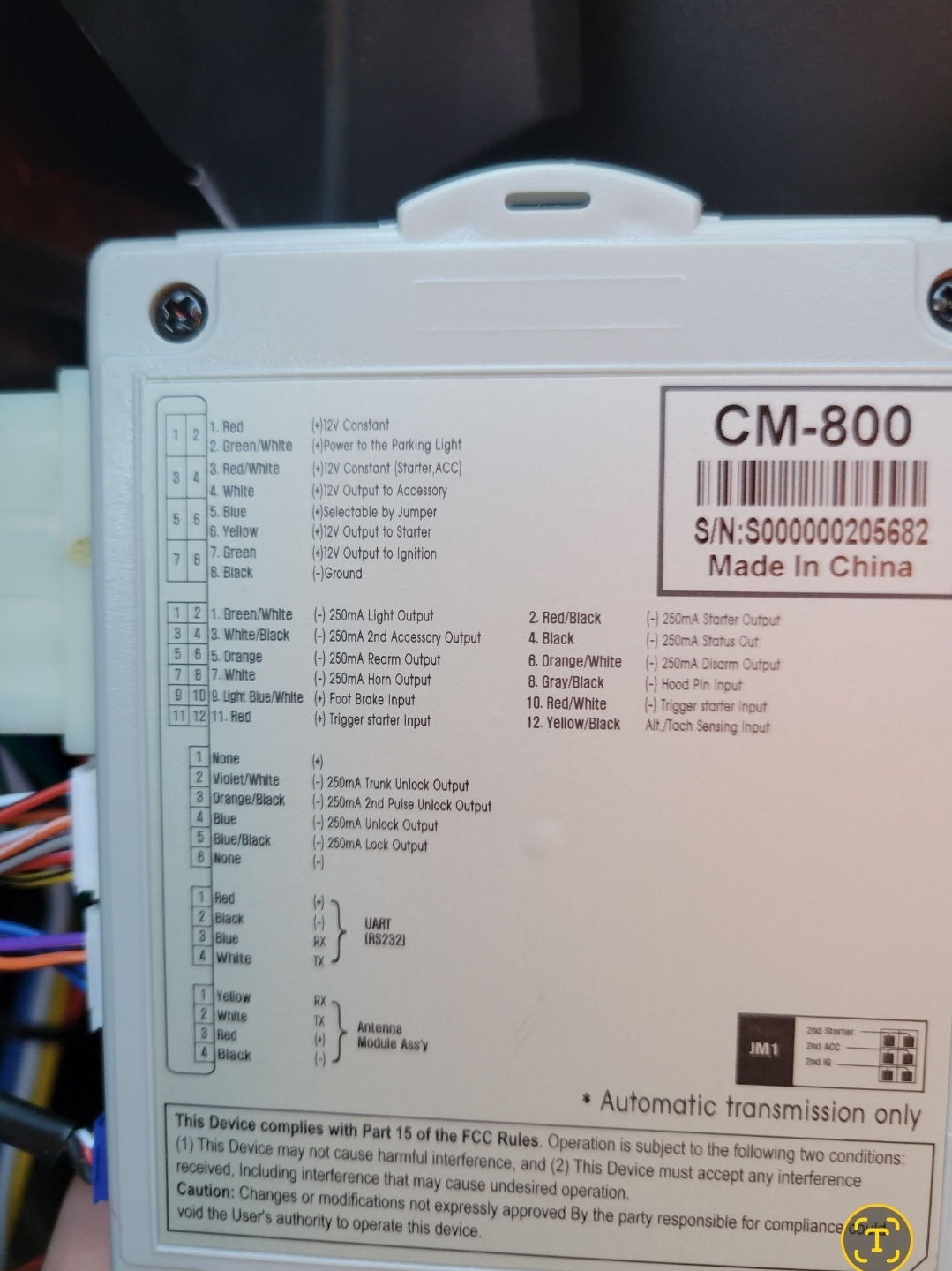 Back of CM-800 module  Note antenna connection &amp; brake / tach info