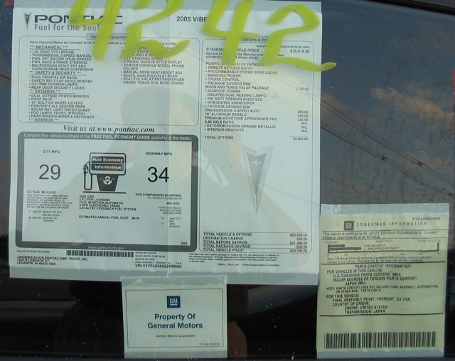 2005 Window sticker May 21, 2004 (&quot;Property of GM&quot; denotes that the cars were not for sale to the public yet)